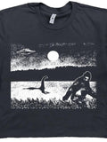 Men's T-Shirt Moonlit Mystery Landscape With UFO Bigfoot And Lake Monster