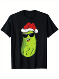 Men's T-Shirt Fun Christmas Pickle With Santa Hat And Cool Sunglasses Green Character