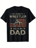 Men's T-Shirt My Favorite Wrestler Calls Me Dad Patriotic USA Flag With Vintage Texture And Wrestling Action T Shirt