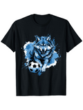 Men's T-Shirt Blue Watercolor Splash With Lively Running Wolf And Classic Soccer Ball