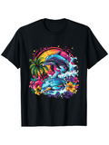 Men's T-Shirt Colorful Sunset With Palm Tree Splashing Waves Playful Dolphin