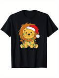 Men's T-Shirt Festive Holiday Lights And Cheerful Plush Lion Wearing Santa Hat