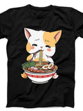 Men's T-Shirt Cute Cat Slurping Noodles Beside Tasty Ramen Bowl