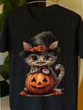 Men's T-Shirt Adorable Kitten Wearing Witch Hat With Jack O Lantern Pumpkin