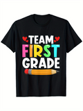 Men's T-Shirt Team First Grade Colorful Playful Letters With Red Hearts And Yellow Pencil