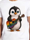 Men's T-Shirt Rainbow Guitar With Adorable Cartoon Animal Penguin