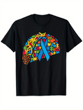 Men's T-Shirt Colorful Puzzle Pieces With Blue Ribbon On Human Brain