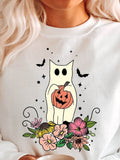 Women's T-Shirt Whimsical Halloween Spirit With Pumpkin Flowers And Starry Ghost
