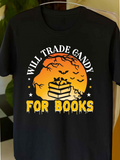 Men's T-Shirt Will Trade Candy For Books Stacked Book Pile With Bats And Orange Sunset Moon