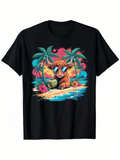 Men's T-Shirt Tropical Island Vacation With Sunglasses Cow Relaxing Under Palm Trees Beach