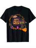 Men's T-Shirt Happy Halloween Playful Cat With Witch Hat And Pumpkin Lantern Wreath