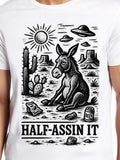 Men's T-Shirt Half Assin It Desert Landscape With Sun Cacti And Donkey Surrounded By UFO Mountains Beer Can