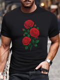 Men's T-Shirt Vibrant Red Roses With Lush Green Foliage Over Elegant Black Fabric Rose