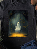Women's T-Shirt Eerie Forest With Glowing Light Under Misty Trees Featuring Ghost