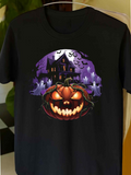 Men's T-Shirt Haunted Moonlit Night With Glowing Pumpkins And Spooky Ghosts Mansion
