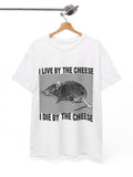 Men's T-Shirt I Live By The Cheese I Die By The Cheese Retro Engraved Mouse Illustration With Vintage Style Background