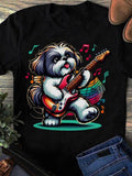 Men's T-Shirt Colorful Musical Notes With Playful Dog Holding Guitar
