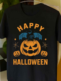 Men's T-Shirt Happy Halloween With Spooky Jack O Lantern Surrounded By Flying Bat