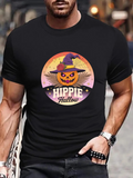 Men's T-Shirt Hippie Hollow Smiling Jackolantern With Witch Hat Surrounded By Retro Sunset