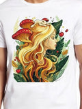 Men's T-Shirt Golden Hair Surrounded By Red Mushrooms Lush Green Leaves And Hidden Nature Woman