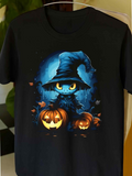 Men's T-Shirt Spooky Blue Night With Witch Cat And Glowing Pumpkins Under Full Moon