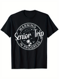 Men's T-Shirt Warning Senior Trip In Progress With Palm Tree And Stars Surrounded By Circular Graphic
