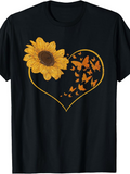 Men's T-Shirt Golden Sunflower Among Fluttering Orange Butterflies And Heart Outline