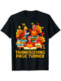 Men's T-Shirt Thanksgiving Page Turner Colorful Falling Leaves And Stacked Books With Happy Turkey