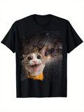 Men's T-Shirt Happy Cat Wearing Yellow Bowtie Under Starry Night Sky