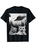 Men's T-Shirt Surprised Cats Staring Up At Flying Saucers In Forest Night Sky