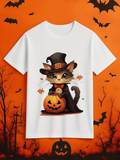 Men's T-Shirt Adorable Cat With Witch Hat Among Pumpkins Under Halloween Night Sky