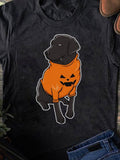 Women's T-Shirt Cute Dog Wearing Orange Pumpkin Sweatshirt Sitting Calmly Dog