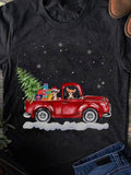 Men's T-Shirt Festive Night With Red Truck And Christmas Tree Surrounded By Falling Snow