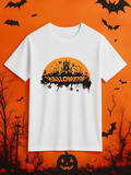 Men's T-Shirt Halloween Haunted Castle With Flying Bats Jack O Lanterns And Spooky Moon
