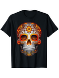Men's T-Shirt Fiery Ornate Swirls And Flowers Around Day Of The Dead Skull