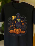 Men's T-Shirt Full Moon Haunting With Glowing Pumpkins And Enchanted Witch Cat