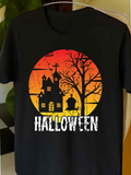 Men's T-Shirt Halloween Haunted House Among Bare Trees At Sunset