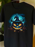 Men's T-Shirt Glowing Blue Night With Witch Hat Pumpkin Surrounded By Little Jack O Lanterns