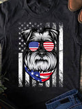 Women's T-Shirt Patriotic Sunglasses And Scarf On Schnauzer Dog With Grungy American Flag