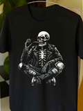 Men's T-Shirt Relaxed Skeleton In Leather Jacket With Cigarette On Black Tee