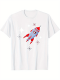 Men's T-Shirt Retro Red Accents With Whimsical Stars Featuring Playful Cartoon Rocket