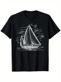 Men's T-Shirt Hand Drawn Sketched Lines Over Calm Ocean Featuring Sailing Boat