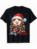 Men's T-Shirt Merry Christmas Cute Hamster Wrapped In Colorful Holiday Lights Wearing Santa Hat