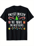 Men's T-Shirt Most Likely To Take The Most Selfies With Christmas Ornaments And Candy Cane Pattern Tree