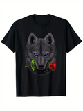 Men's T-Shirt Blue Eyed Wolf With A Red Rose Between Its Jaws