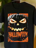 Men's T-Shirt Halloween Fiery Eyes Glowing Pumpkin Face With Orange Shadows Pumpkin