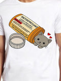 Men's T-Shirt Cute Grey Cat Popping Out Of Open Pill Bottle Surrounded By Red Hearts