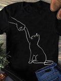 Men's T-Shirt Simple White Lines With Playful Cat Touching A Human Hand Cat