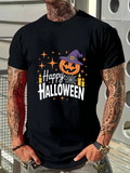 Men's T-Shirt Happy Halloween Pumpkin With Purple Witch Hat Among Floating Candles