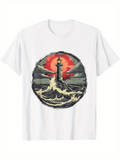 Men's T-Shirt Crashing Ocean Waves With Dramatic Red Sun Behind Lighthouse